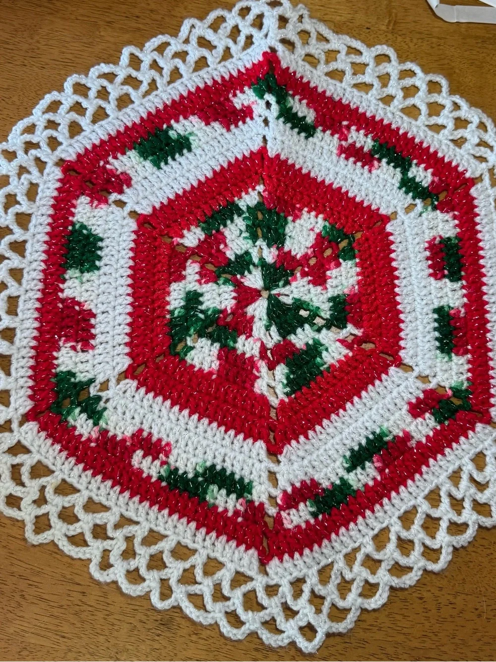 Hand-Crocheted Holiday Doily — Red, White & Green